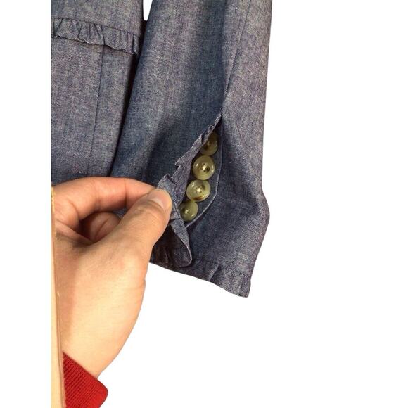 J. Crew Regent Blazer in Chambray w/Ruffle Trim Blue Cotton Outer Womens Size 8 - Picture 6 of 12